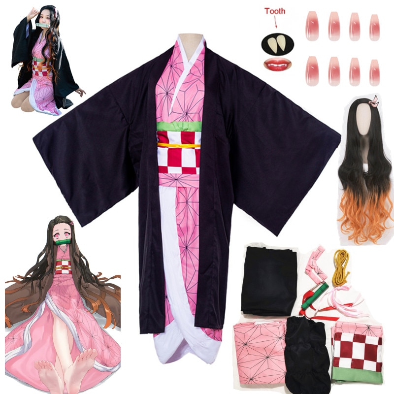 Kamado Nezuko Cosplay Costume Anime Demon Slayers Kimono Kimetsu No Yaiba Kamado Nezuko Costume Wig Uniform - Demon Slayer Plush