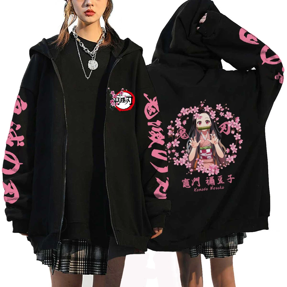 Anime Demon Slayer Hoodies Kamado Nezuko Print Zip Up Jacket Hip Hop Streetwear Sweatshirts Women Harajuku - Demon Slayer Plush