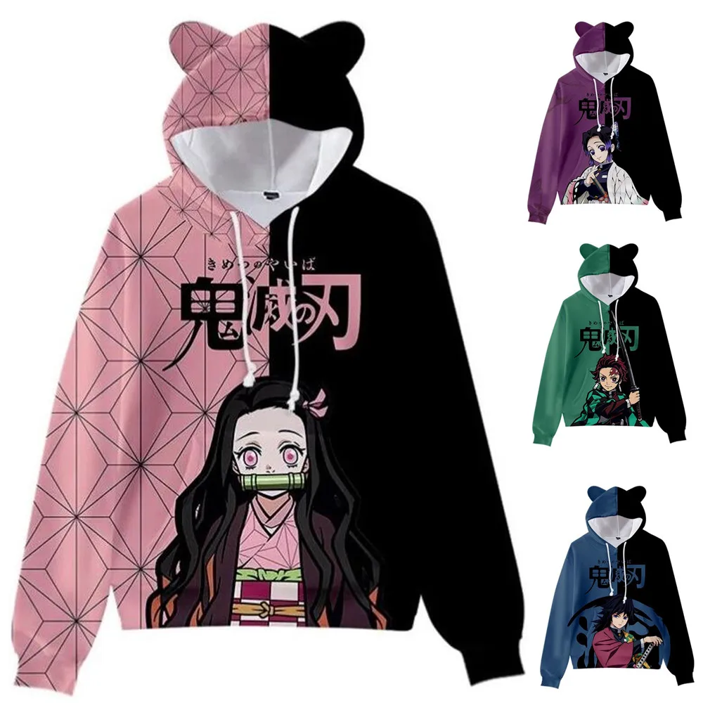 Anime Demon Slayer Hoodies Women Cat Ears Cartoon Sweatshirt Tops Kamado Nezuko 3D Harajuku Boys Girls 1 - Demon Slayer Plush