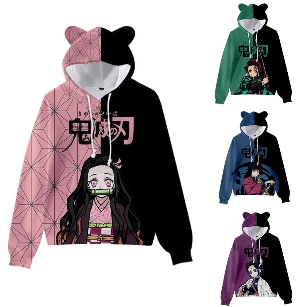 Anime Demon Slayer Hoodies Women Cat Ears Cartoon Sweatshirt Tops Kamado Nezuko 3D Harajuku Boys Girls 3 - Demon Slayer Plush