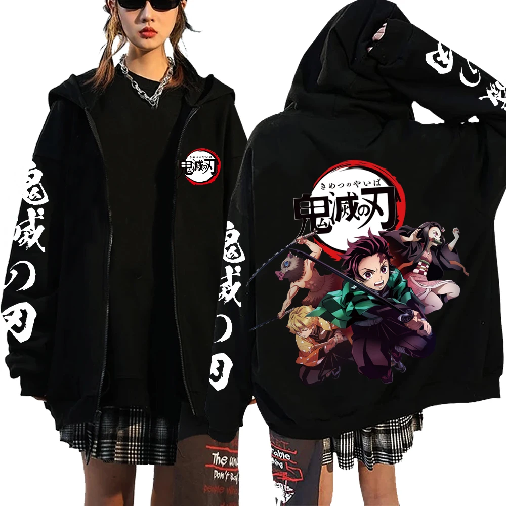 Hot Anime Demon Slayer Men Women Sweatshirts With Zipper Plus Size Hoodie Printed Hooded Female Streetwear - Demon Slayer Plush